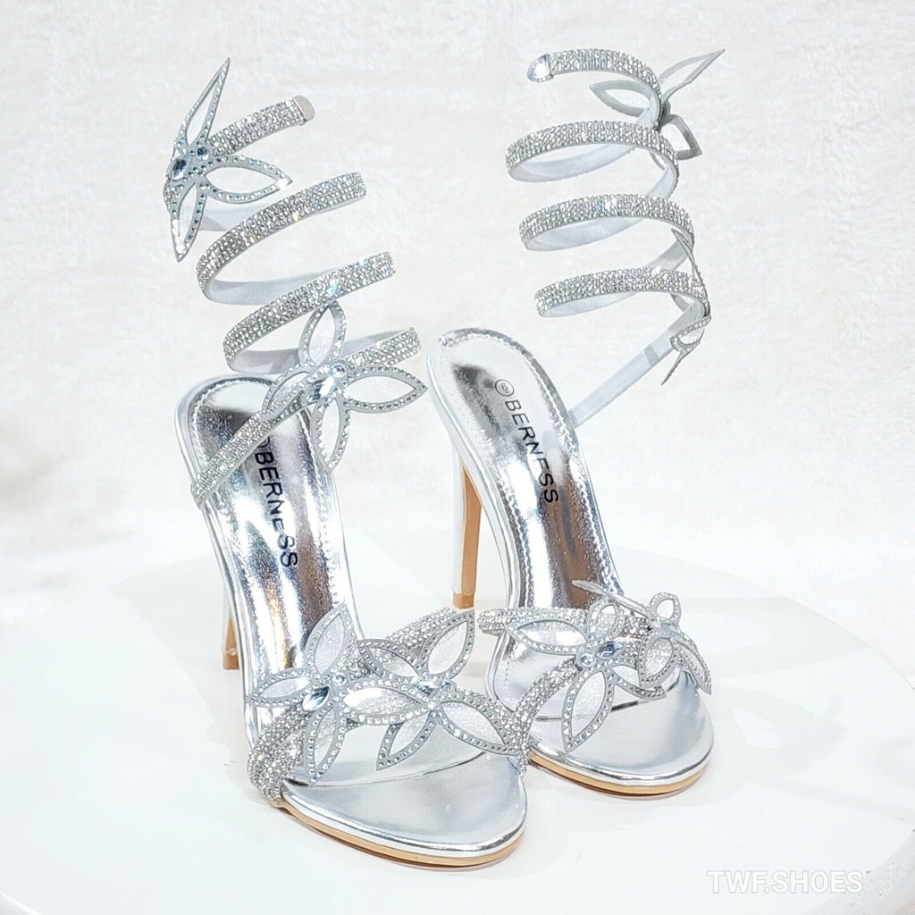 Fly Girl 2 Silver Upper Rhinestone Butterfly Wrap Strap 4" Stiletto High Heels - Totally Wicked Footwear