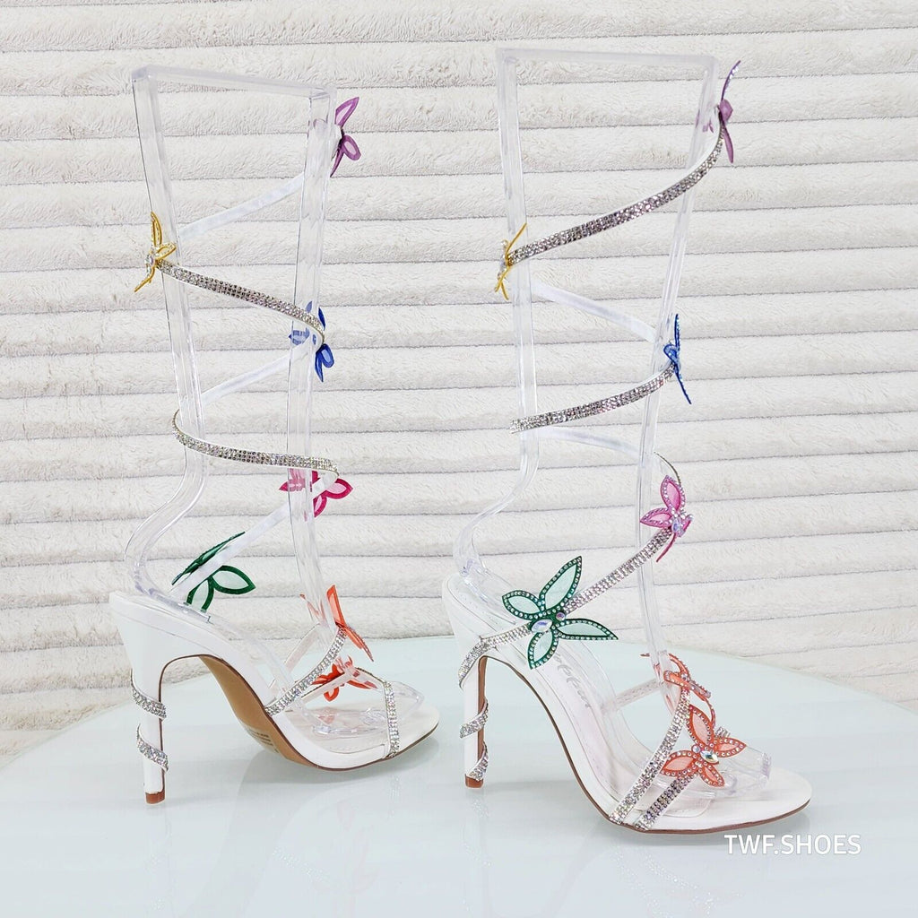 Fly Girl White Upper & Rhinestones Multi Color Butterfly Wrap Strap High Heels - Totally Wicked Footwear