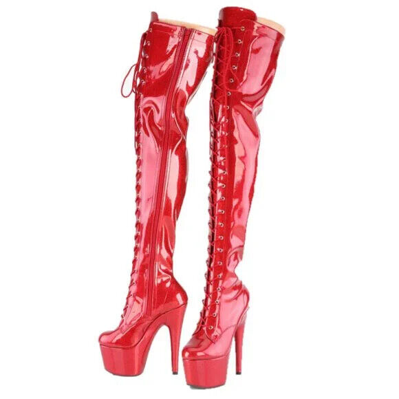 3020 Red Glitter Patent 3020 Lace Up Thigh High Platform Boots Adore 7" Heels - Totally Wicked Footwear