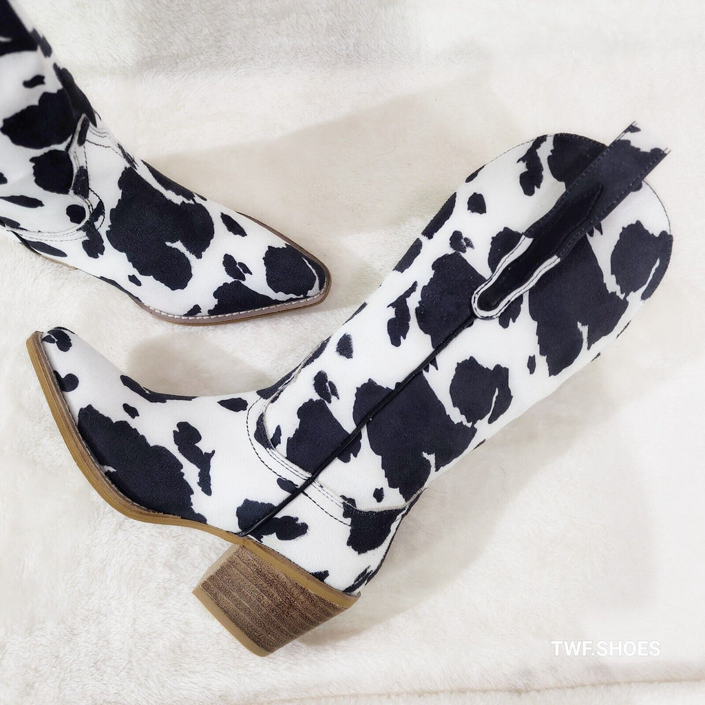 Western Rancher Faux Suede Black White Cow Print Cowboy Pull On Cowgirl Boots - Totally Wicked Footwear