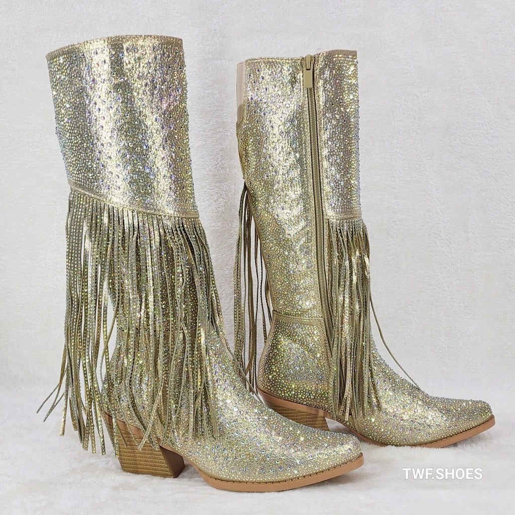 Western Diva Gold Asymmetrical Fringe Rhinestone Glam Cowgirl Boots - Totally Wicked Footwear
