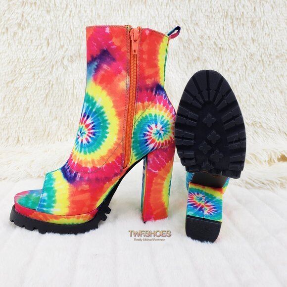 Trippin Colorful Tie Dye Open Toe Chunky Platform Heel Ankle Boots - Totally Wicked Footwear