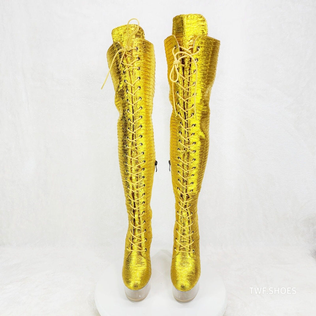 Bulls Metallic Yellow Gold OTK Clear Platform High Heel Thigh Boots - Totally Wicked Footwear