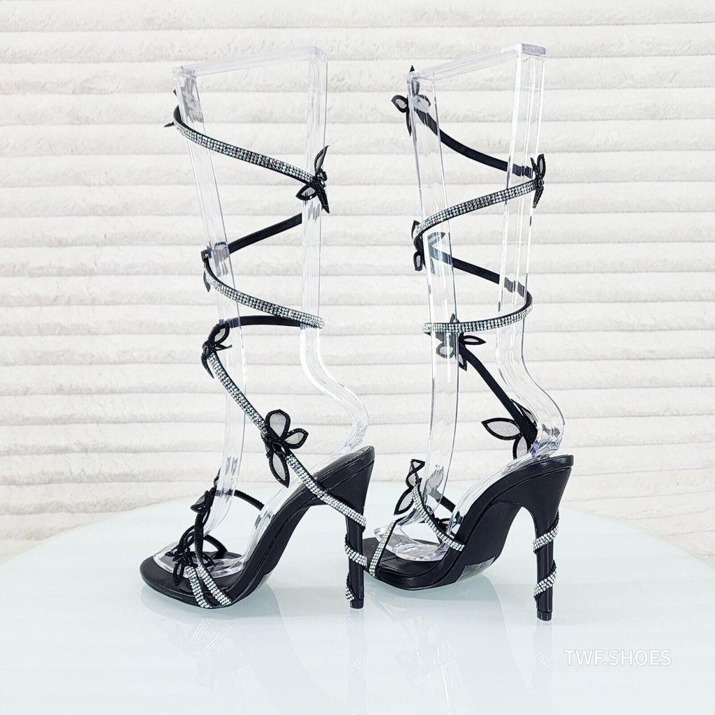 Fly Girl White Upper & Rhinestones Black Butterfly Wrap Strap High Heels - Totally Wicked Footwear