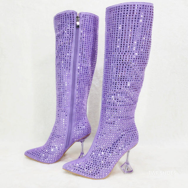 Glamour Shot Mirrored Rhinestone Tinted 4" Pyramid Heel Knee Boots Lilac Purple - Totally Wicked Footwear