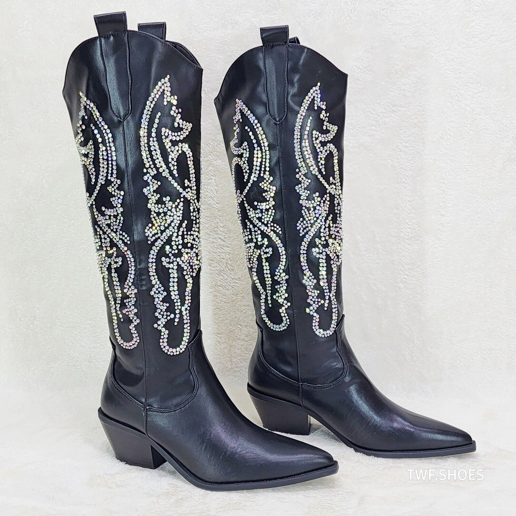 Razzle Black Country Western Cowgirl Knee Boots Rhinestone Dazzle - Totally Wicked Footwear