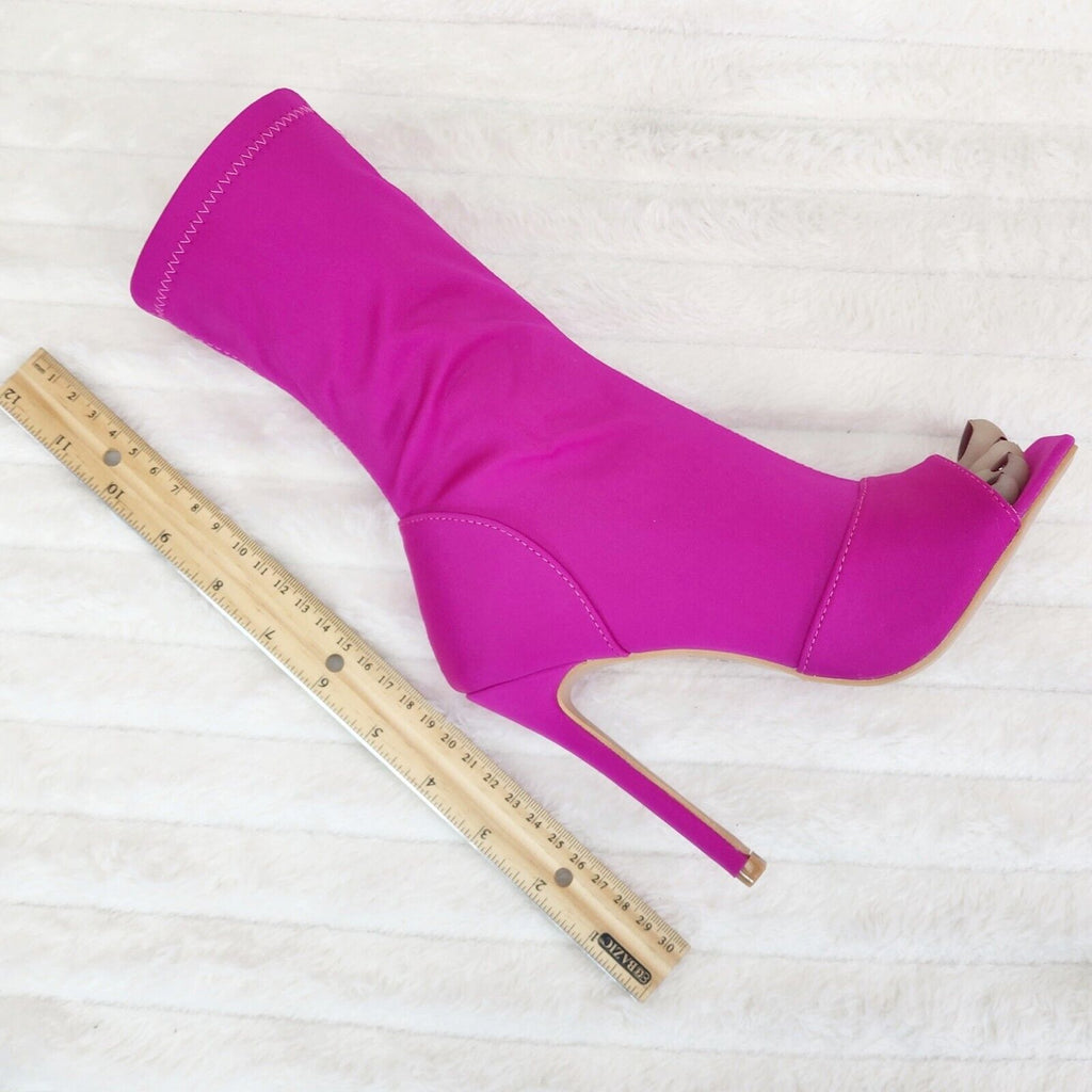 Bold Bright Fuchsia Pink Stretch Square Open Toe High Heel Ankle Boots - Totally Wicked Footwear