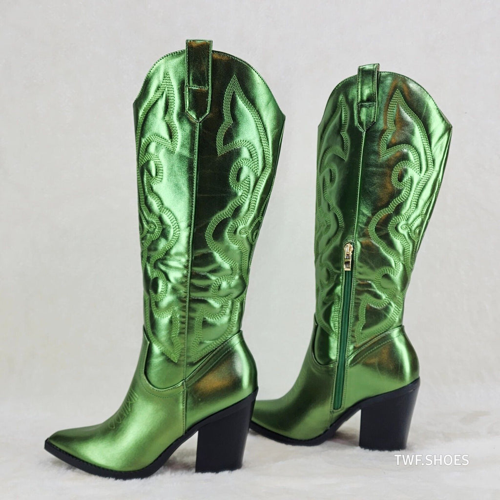 Electric Cowboy Brush Metallic Matte Western Knee High Cowgirl Boots Green - Totally Wicked Footwear