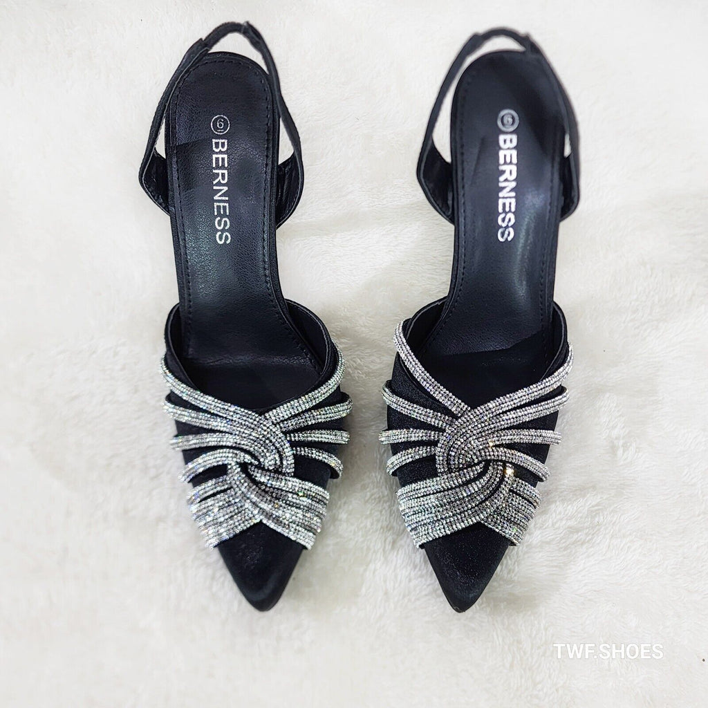 Elegance Slip on Slingback Black Satin Rhinestone Pointy Toe High Heels Shoes - Totally Wicked Footwear