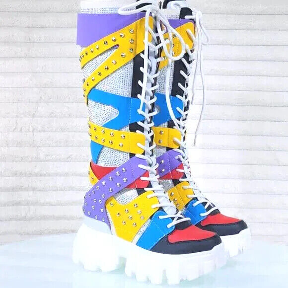 Wang Limited Multi Color White Platform Sneaker Knee Boots Hidden Wedge Heels - Totally Wicked Footwear