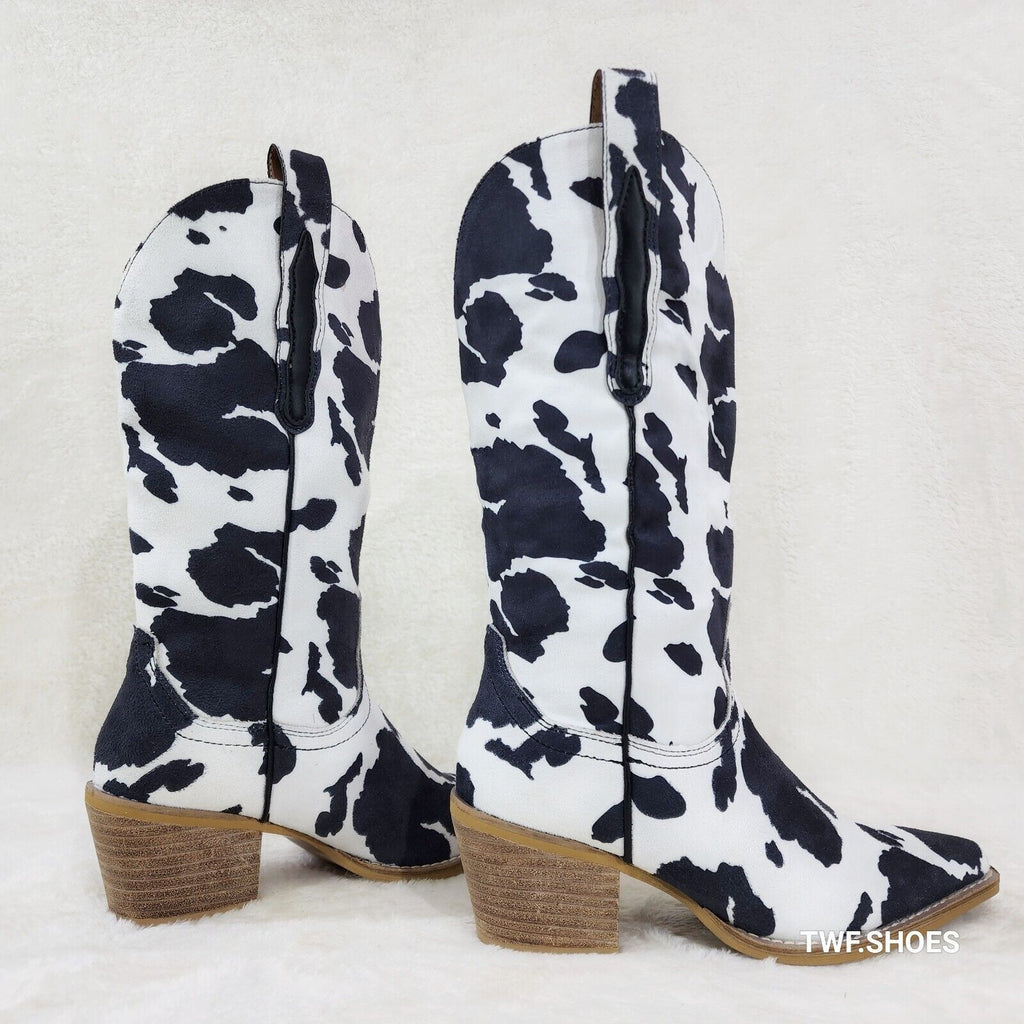 Western Rancher Faux Suede Black White Cow Print Cowboy Pull On Cowgirl Boots - Totally Wicked Footwear