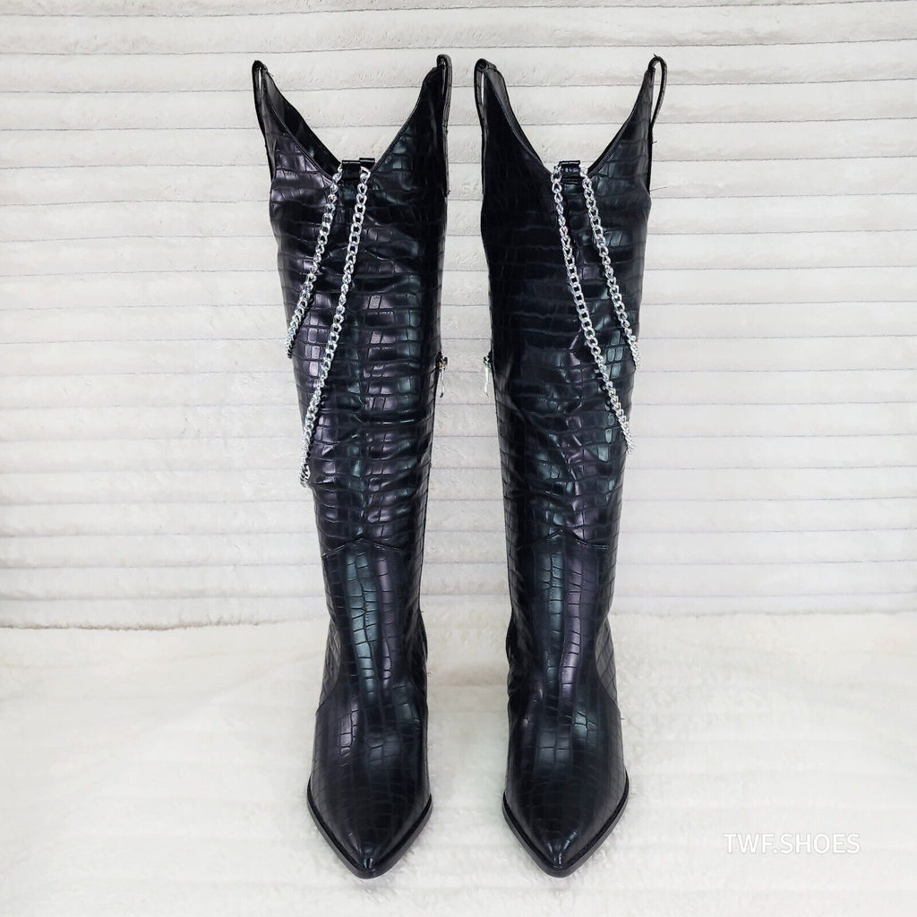 Dallas Black Snake Texture Western Knee High Draped Chain Cowgirl Boots - Totally Wicked Footwear