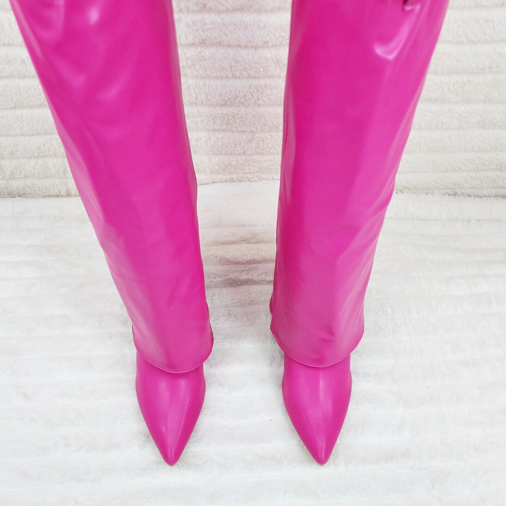Paris Fuchsia Pink Skirted Fold Over 3.5" Block Heel Knee High Boots - Totally Wicked Footwear