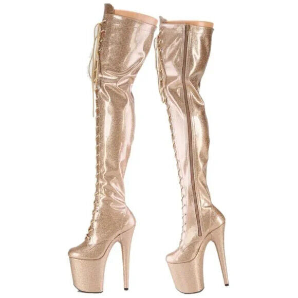 3020 Gold Glitter Patent 3020 Lace Up Thigh High Platform Boots Flamingo 8" Heel - Totally Wicked Footwear