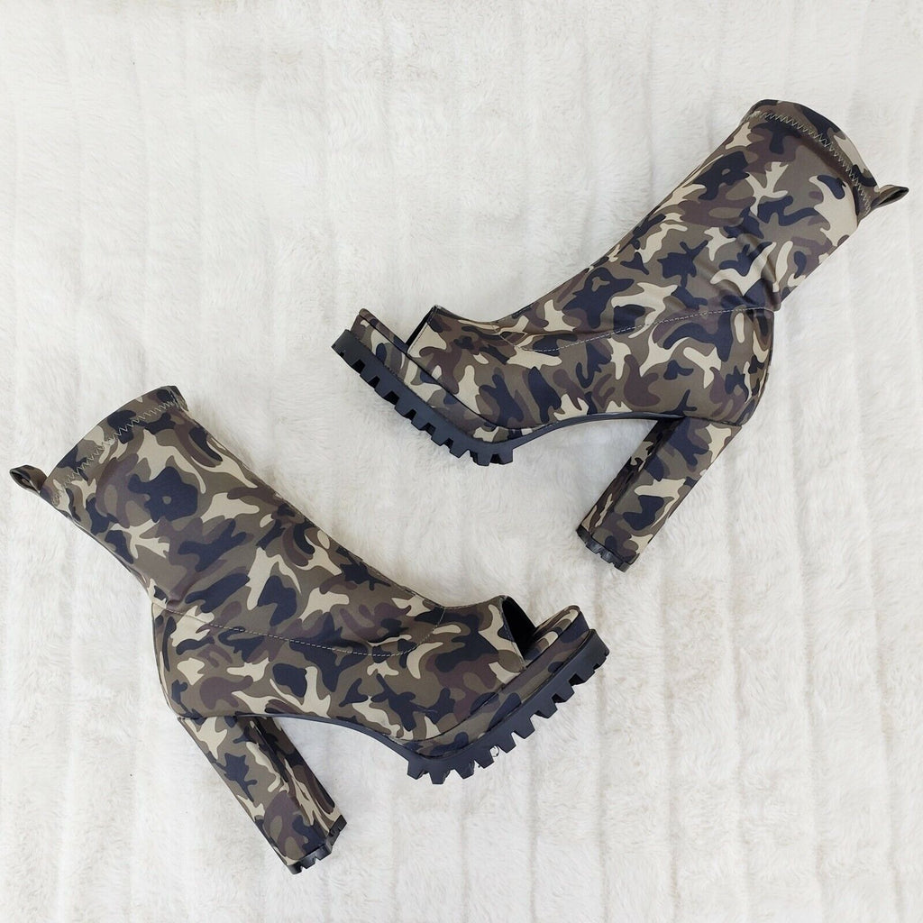 Natalie Camo Print Chunky Heel Stretch Open Toe Lug Sole Ankle Boots - Totally Wicked Footwear