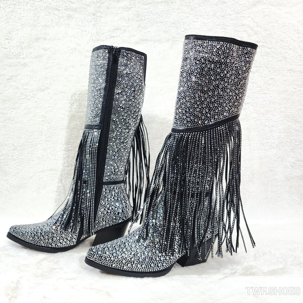 Western Diva Black Asymmetrical Fringe Rhinestone Glam Cowgirl Boots - Totally Wicked Footwear