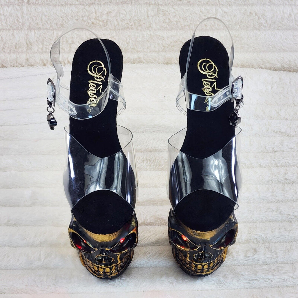 Rapture Clear Upper Brass Skull & Bones LED 8" High Heel Platform Shoes 5-10 NY - Totally Wicked Footwear