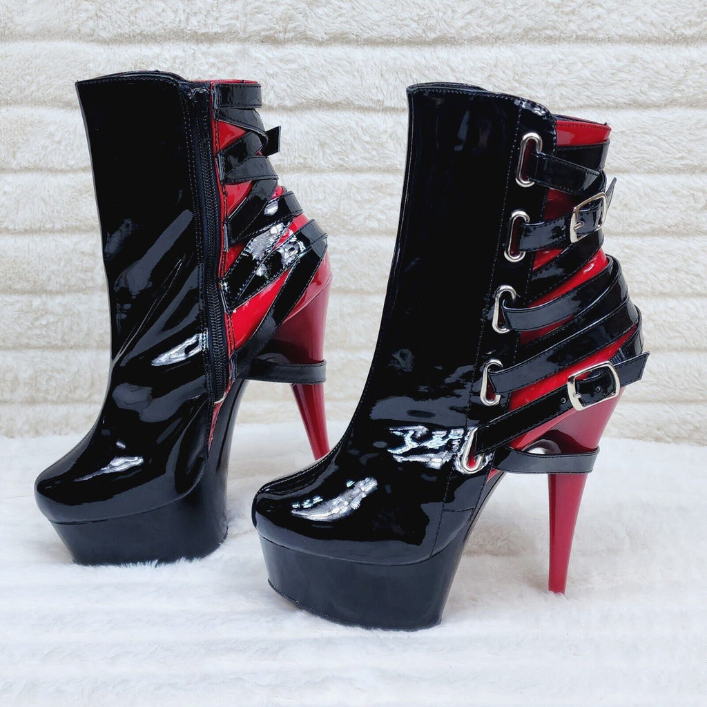 Delight 1012 Black / Red Buckle Strap 6" High Heels Platform Ankle Boots NY - Totally Wicked Footwear