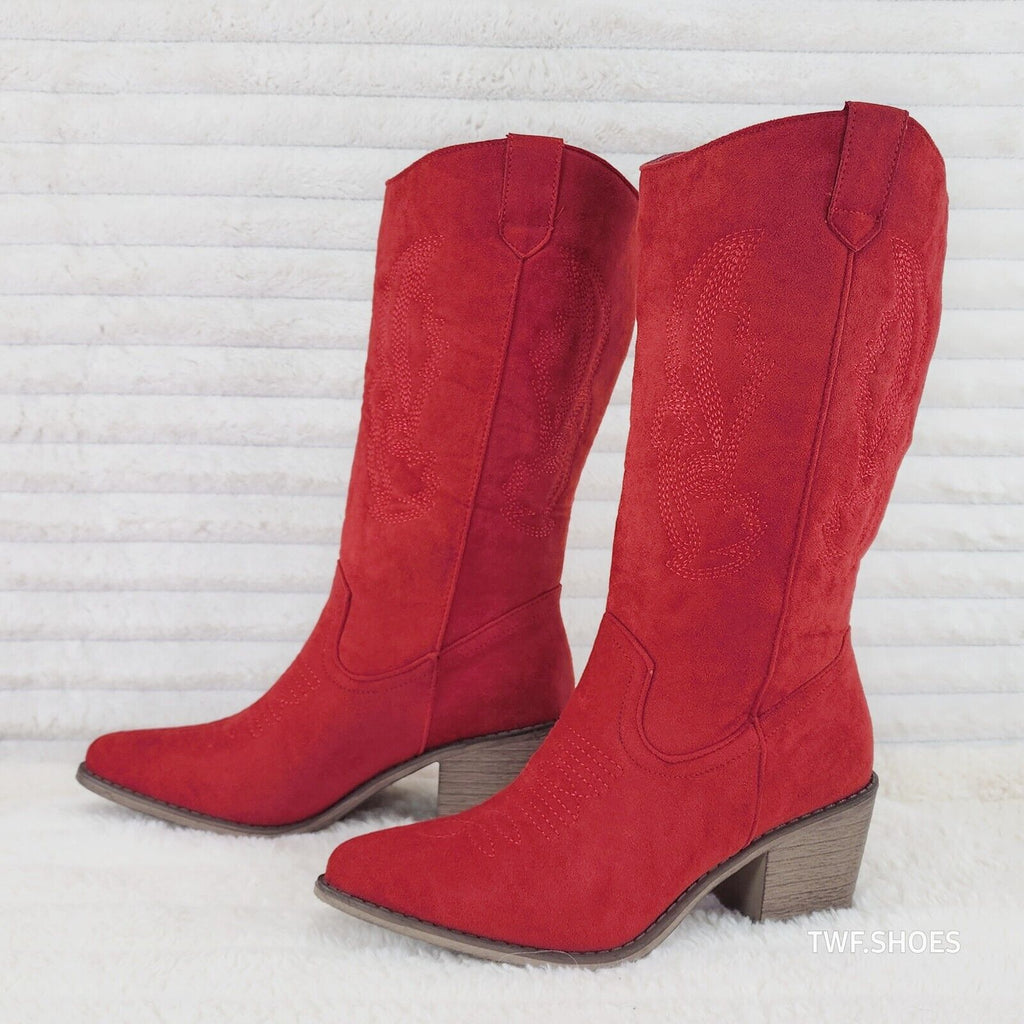 Wild Ones Red Faux Suede Pull On Mid Calf Cowboy Cowgirl Boots - Totally Wicked Footwear