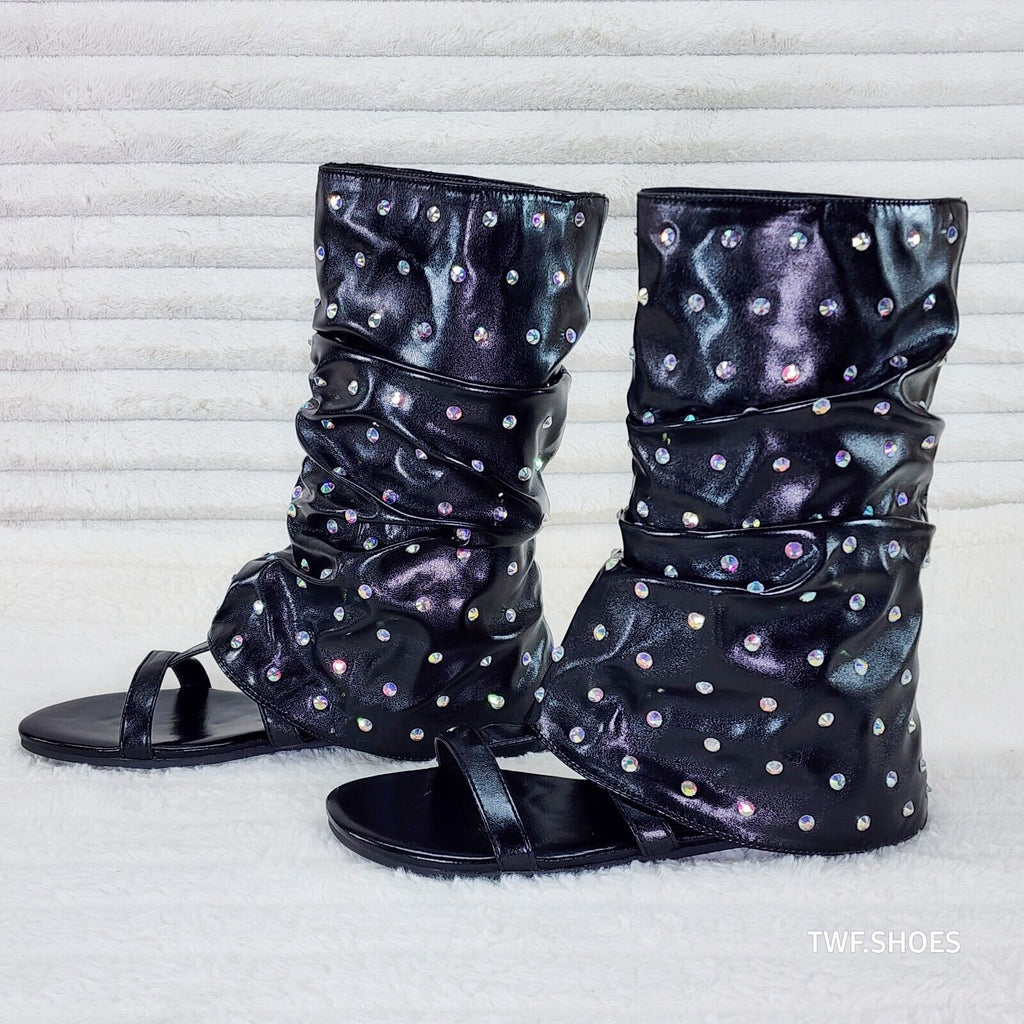 Fabulous Metallic Black Upper & Rhinestones Sandal Slouch Boots Shooties - Totally Wicked Footwear