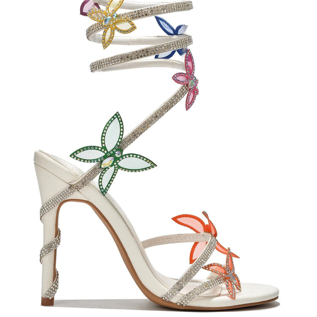 Fly Girl White Upper & Rhinestones Multi Color Butterfly Wrap Strap High Heels - Totally Wicked Footwear