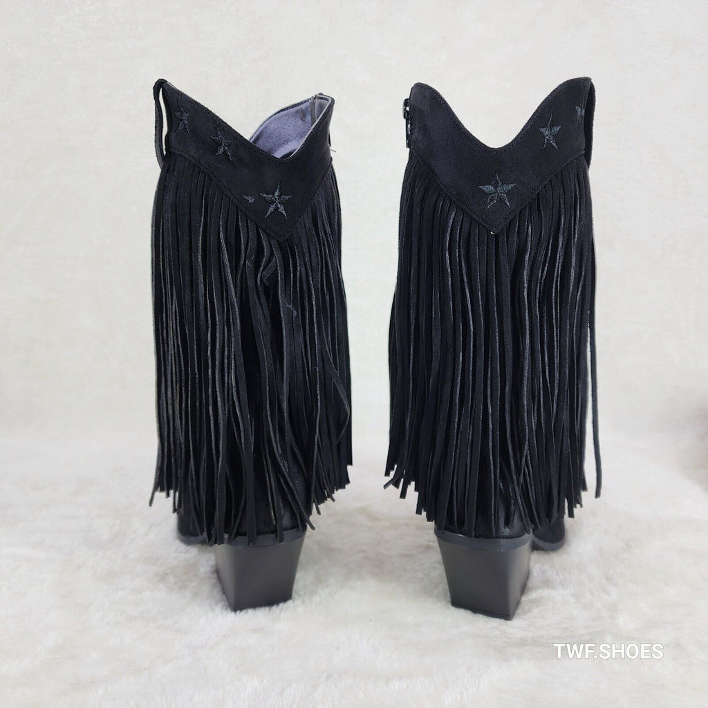Dusty Trails Mid Calf Jet Black Fringe Country Western Cowgirl Boots - Totally Wicked Footwear