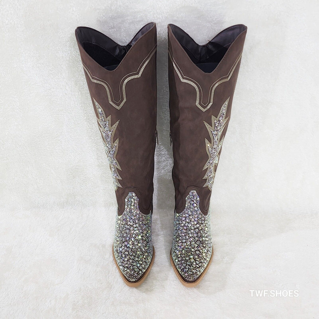 Annie Brown Leatherette With Rhinestones Country Glam Western Cowgirl Knee Boots - Totally Wicked Footwear