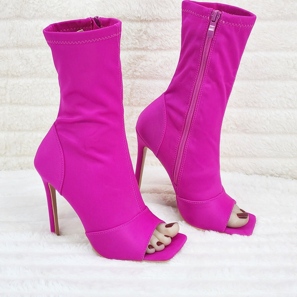 Bold Bright Fuchsia Pink Stretch Square Open Toe High Heel Ankle Boots - Totally Wicked Footwear