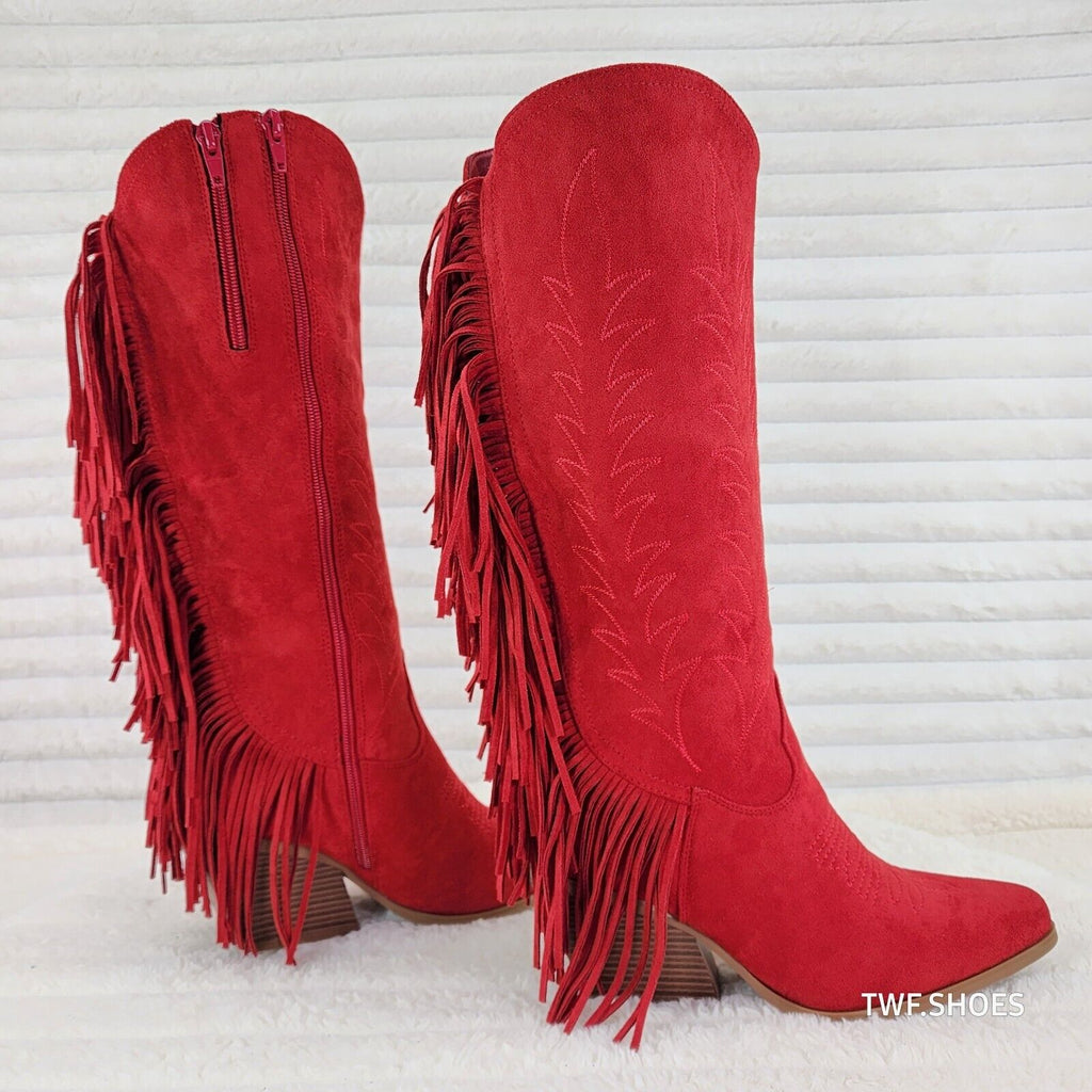 Dusty Roads Red Faux Suede Back Fringe Western Cowgirl Boots - Totally Wicked Footwear