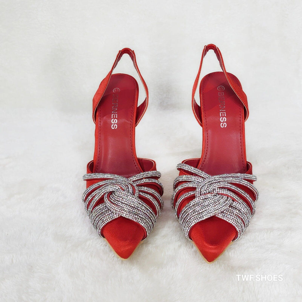 Elegance Slip on Slingback Red Satin Rhinestone Pointy Toe High Heels Shoes - Totally Wicked Footwear