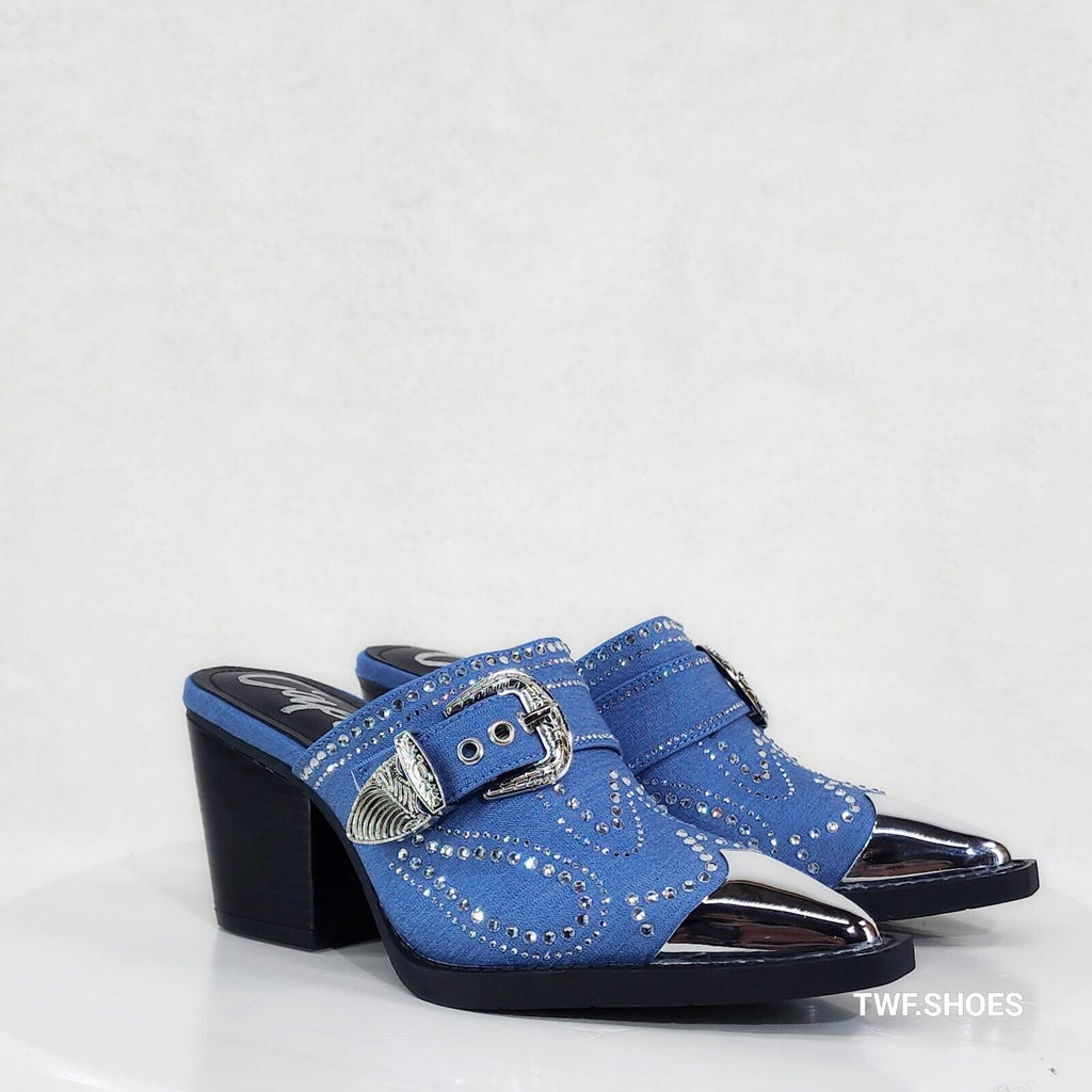 Vive Western Slip On Mules Blue Denim Rhinestones Metal Toe Guard Design - Totally Wicked Footwear