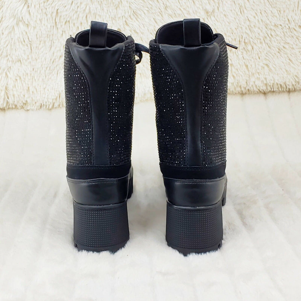 Queen Pin 2 Black Rhinestone Lace Up Platform Sneaker Combat Ankle Boots - Totally Wicked Footwear