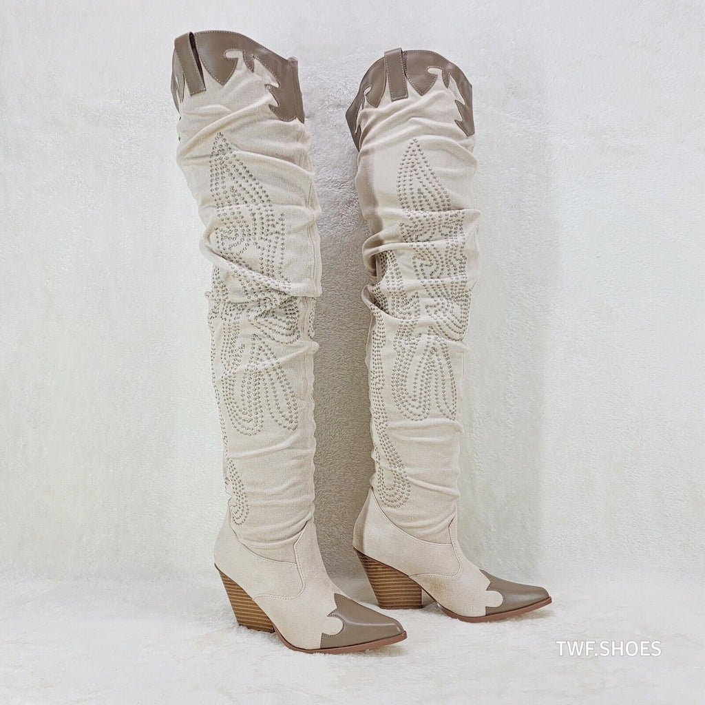 Iconic Country Western Thigh high Cowgirl Boots Cream Taupe Trim - Totally Wicked Footwear