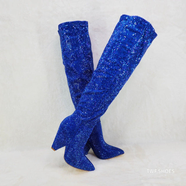 Vegas Blue Rhinestone Over the Knee Thigh boots 4.25" Heels Party Boots - Totally Wicked Footwear