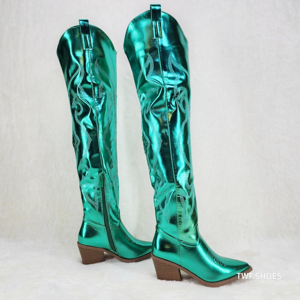 Country Disco Cowboy Metallic Green Western Cowgirl OTK Thigh Boots - Totally Wicked Footwear