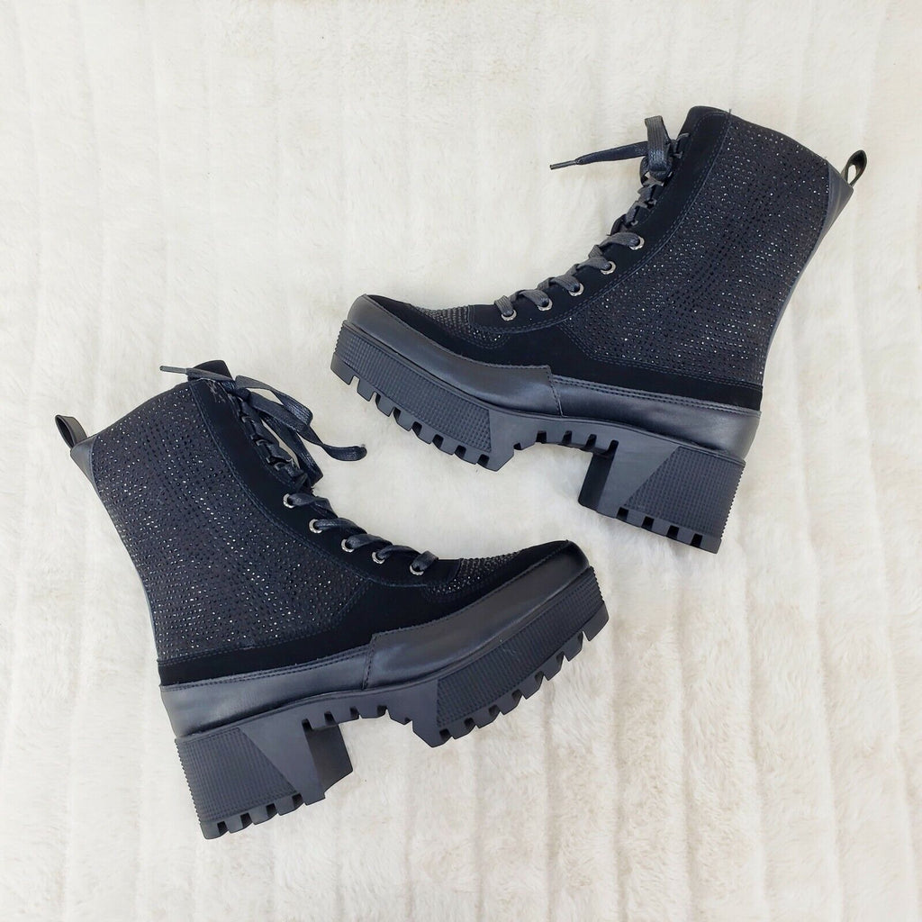 Queen Pin 2 Black Rhinestone Lace Up Platform Sneaker Combat Ankle Boots - Totally Wicked Footwear