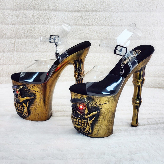 Rapture Clear Upper Brass Skull & Bones LED 8" High Heel Platform Shoes 5-10 NY - Totally Wicked Footwear