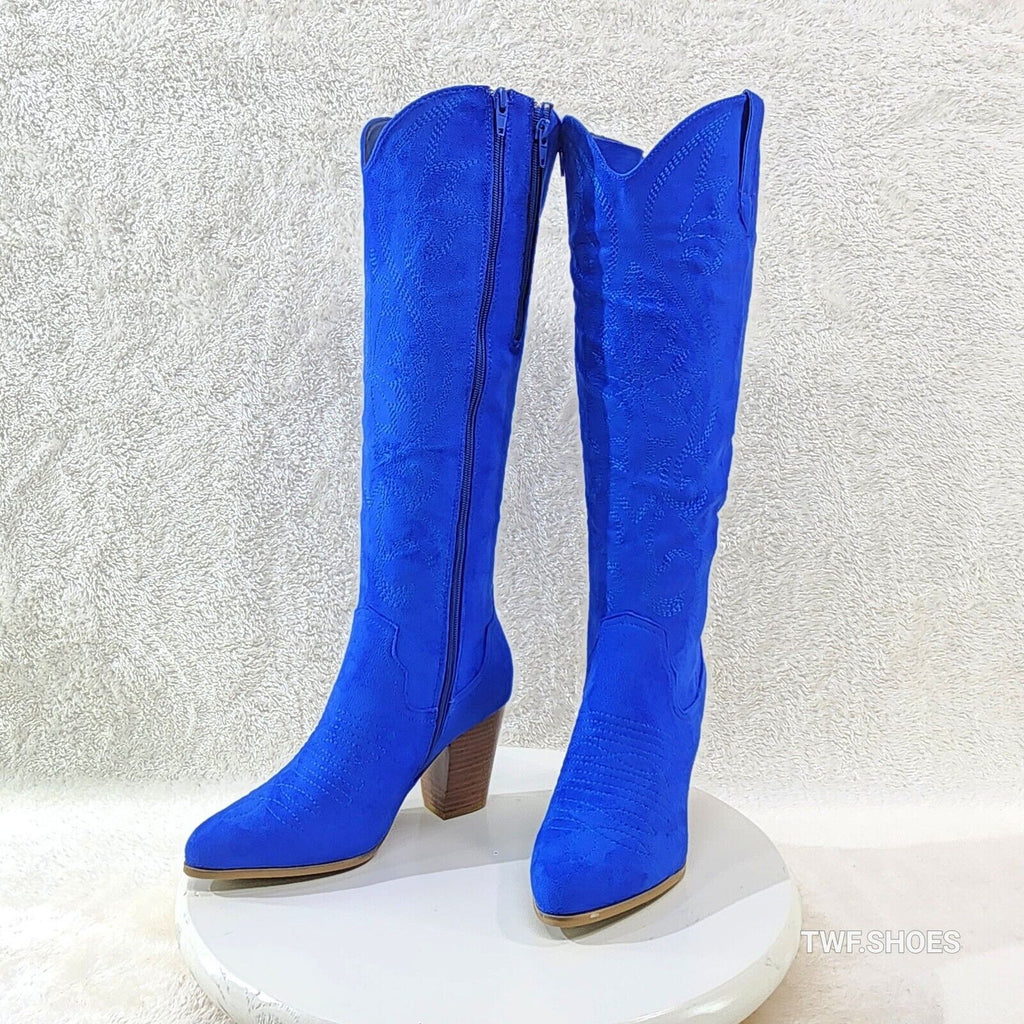 Wild Ryder Bright Deep Blue Faux Suede Country Western Cowgirl Boots - Totally Wicked Footwear