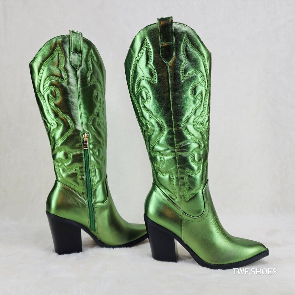 Electric Cowboy Brush Metallic Matte Western Knee High Cowgirl Boots Green - Totally Wicked Footwear