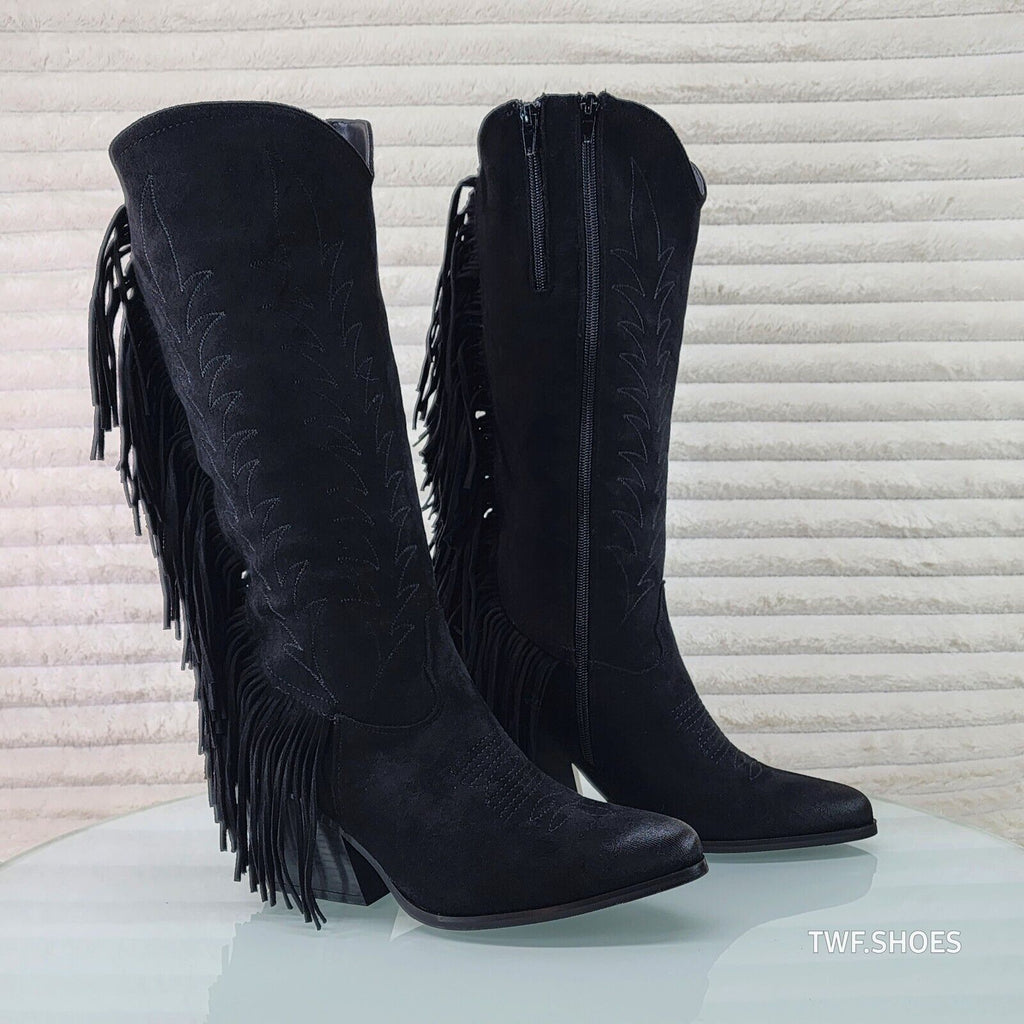 Dusty Roads Black Faux Suede Back Fringe Western Cowgirl Boots - Totally Wicked Footwear