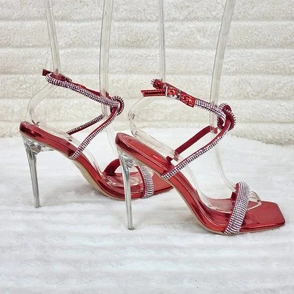 Lexton Red Metallic Knotted Strap Rhinestone Stiletto High Heels Sandal NEW - Totally Wicked Footwear