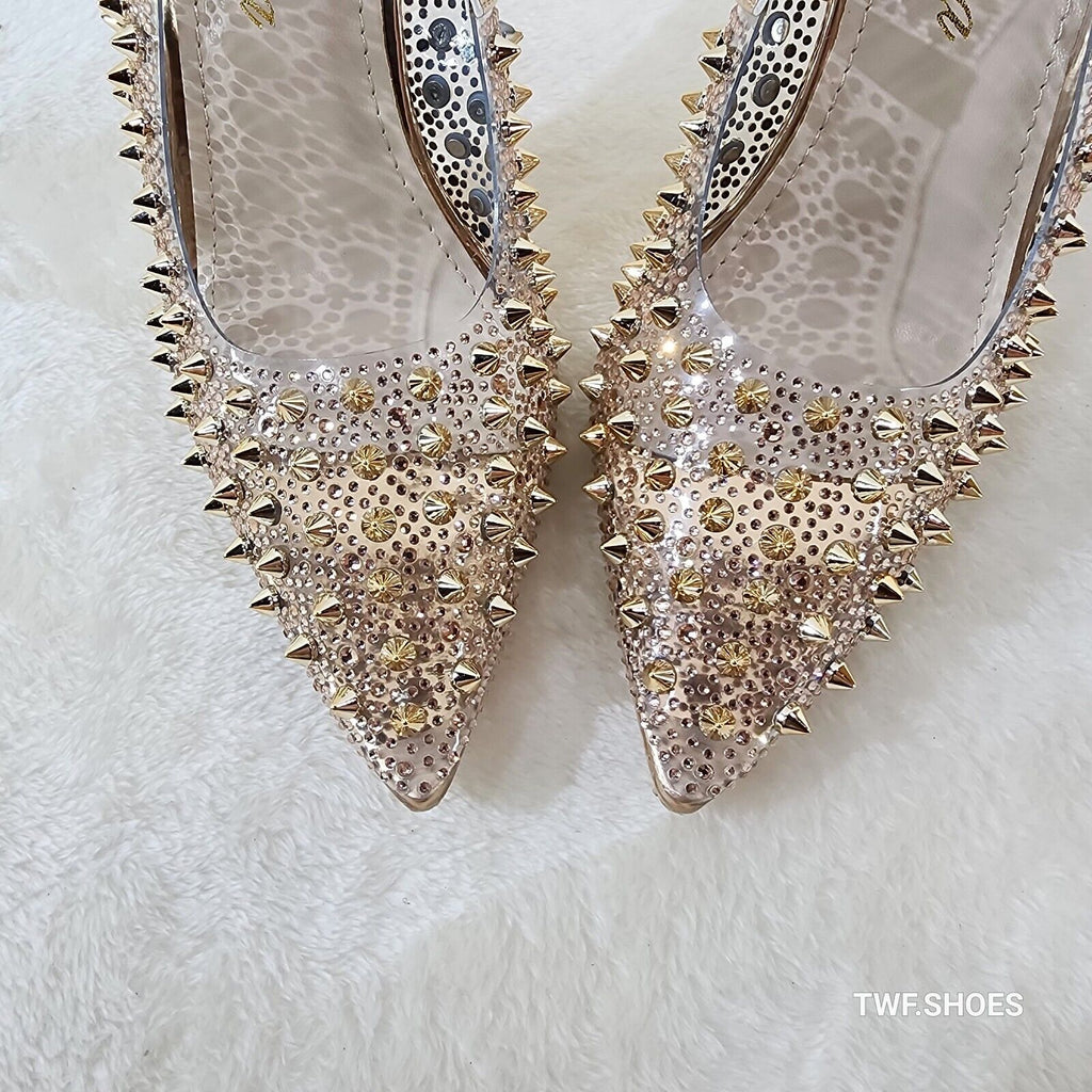 Spicy Stiletto PVC Clear Pumps Rose Gold Studs & Rhinestone Pumps Stiletto Heels - Totally Wicked Footwear