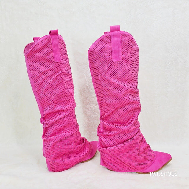 Country Twist Fuchsia Draped Rhinestone Fold Over Western Cowgirl Boots - Totally Wicked Footwear