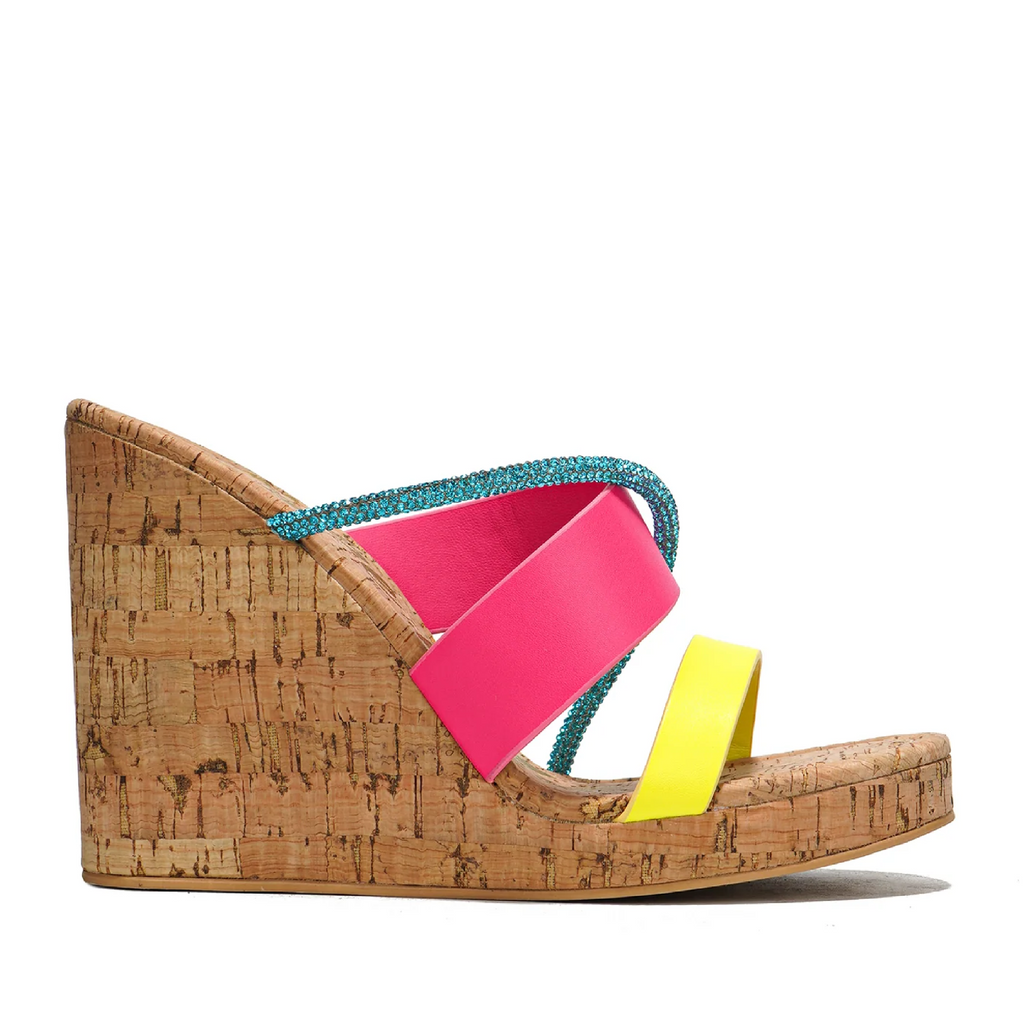 Xando Slip On Cork Wedge Slides Multi Size Triple Straps Neon Rhinestones - Totally Wicked Footwear