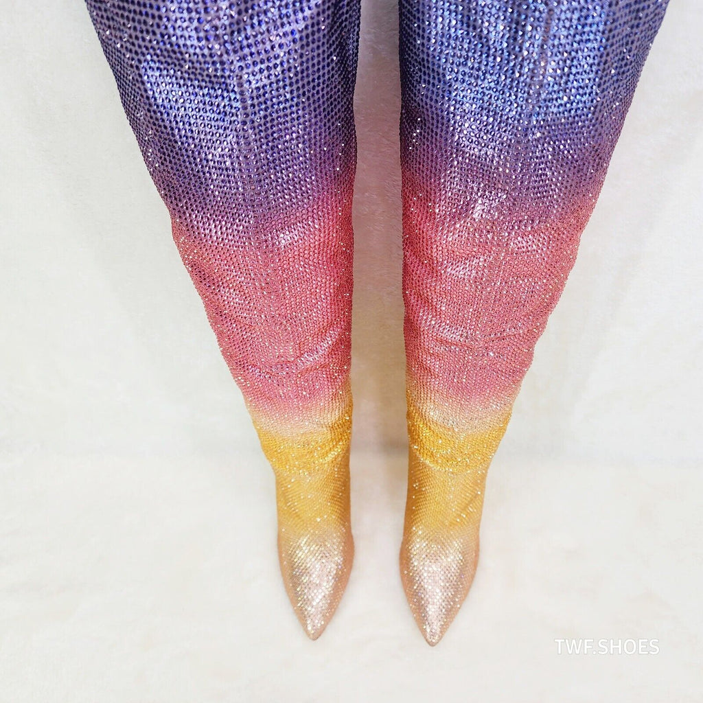 Vegas Gold Ombre Rhinestone OTK Thigh boots 4.25" Heels Party Boots Pink Purple - Totally Wicked Footwear