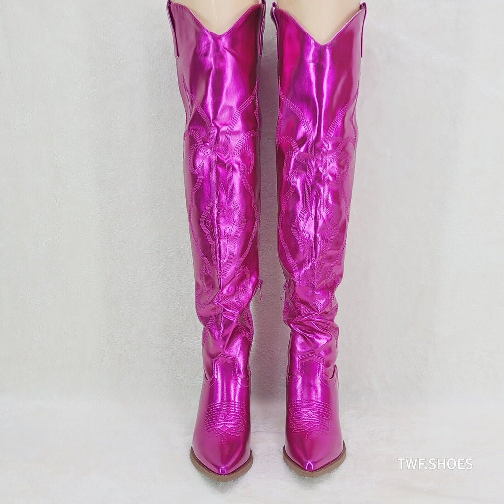 Country Disco Cowboy Metallic Hot Pink Western Cowgirl OTK Thigh Boots - Totally Wicked Footwear