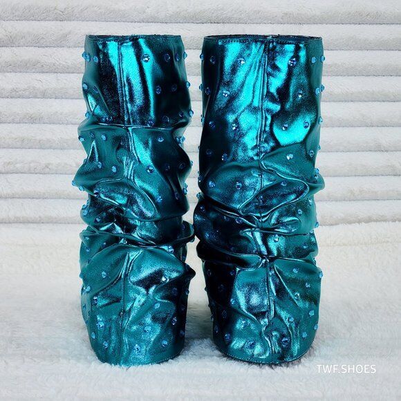 Fabulous Metallic Green Mermaid Upper & Rhinestones Sandal Slouch Boots Shooties - Totally Wicked Footwear
