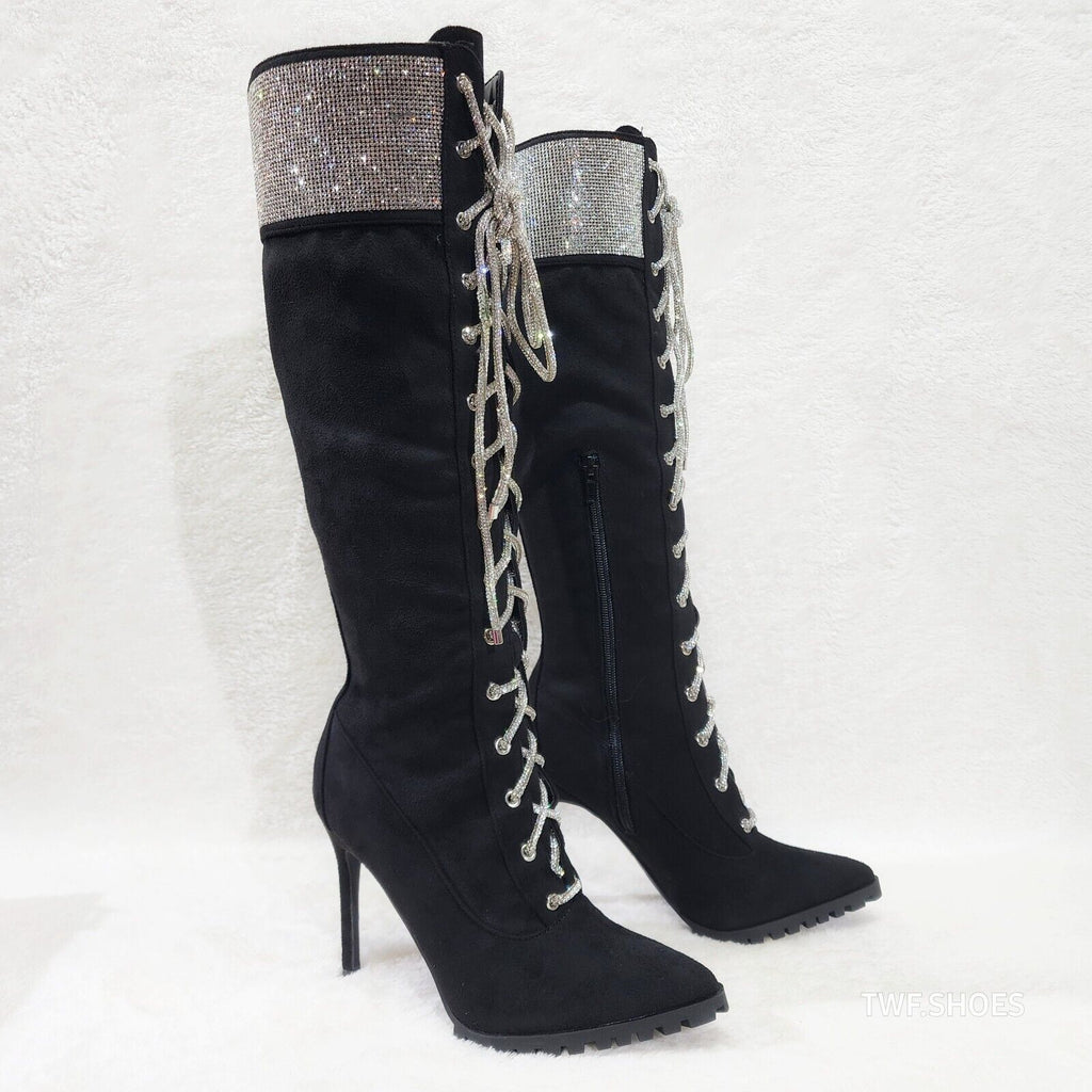 Queens FX Suede & Rhinestone Pointy Toe High Heels Stiletto Lace Up Knee Boots - Totally Wicked Footwear