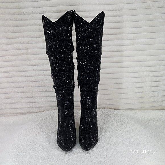 Cape Robbin Diamond Rider Black Rhinestone  Western Slouch Draped Knee Boots - Totally Wicked Footwear