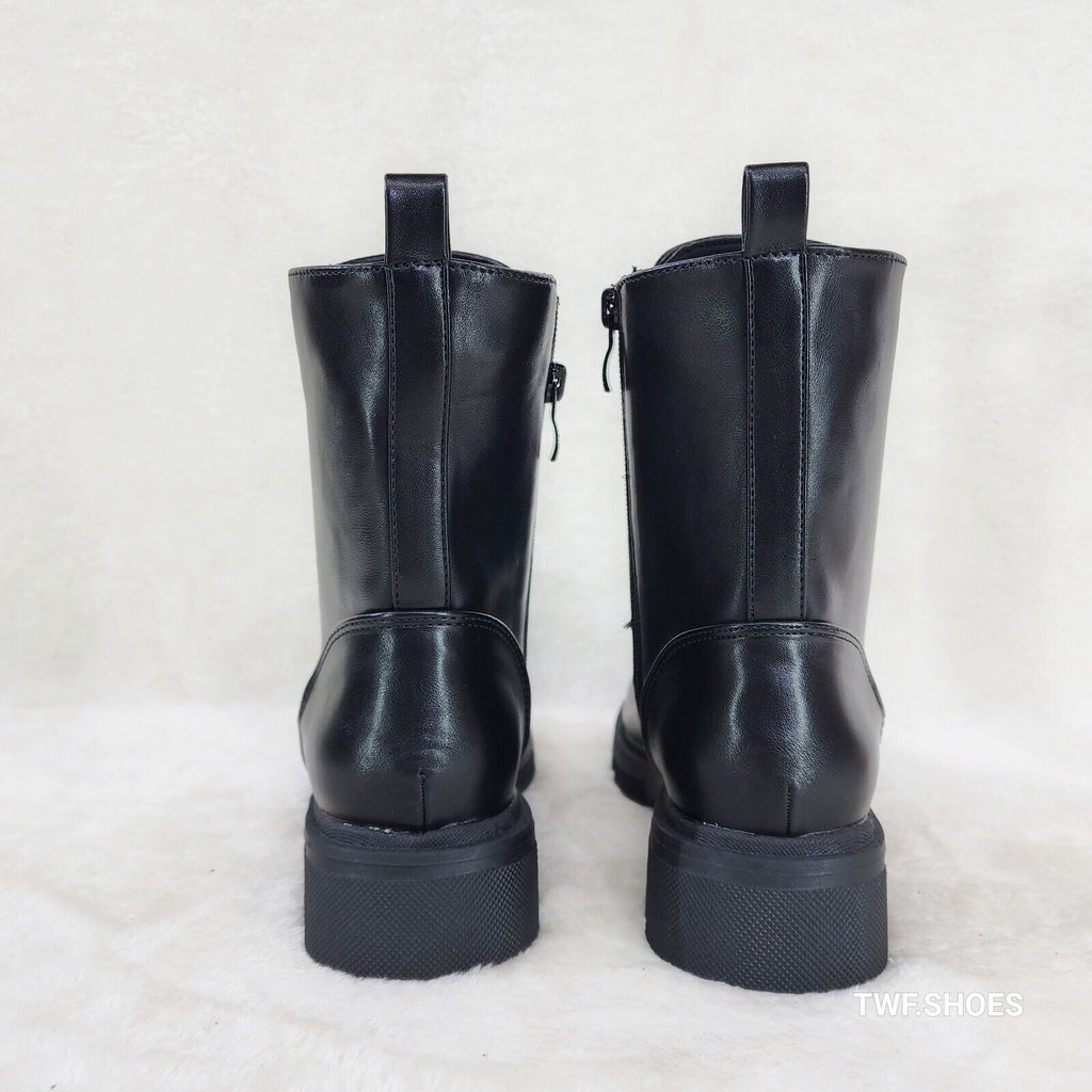 Rylee Black Combat Ankle Boots Iridescent Rhinestone Tongue & Rope Laces - Totally Wicked Footwear